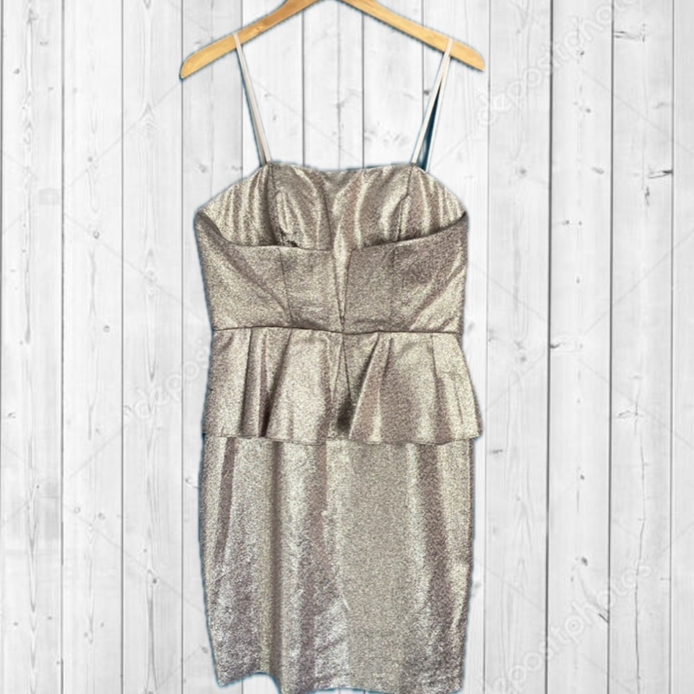 Adrianna Papell Silver Strapless Metallic Peplum Dress